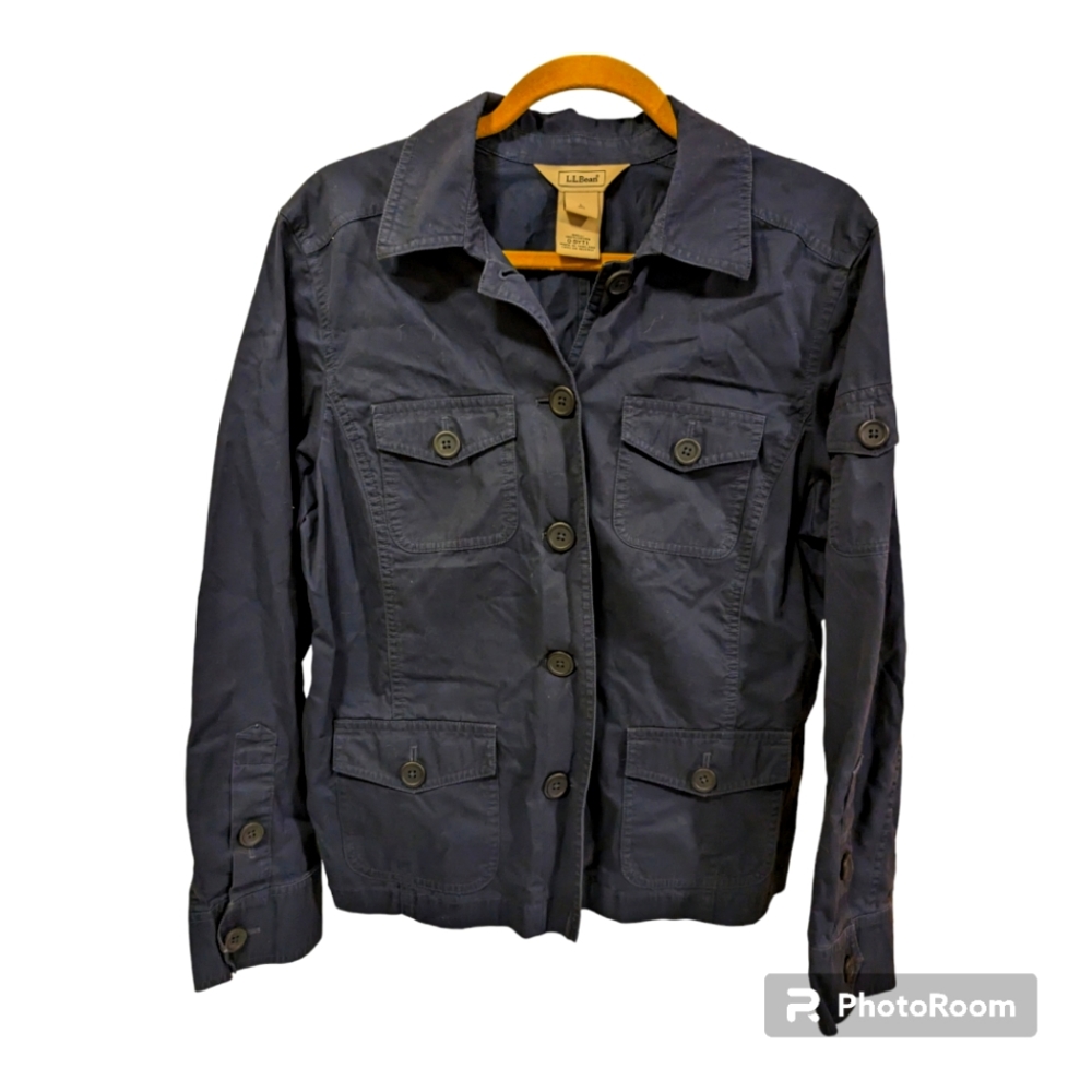 LL Bean Safari Jacket Size Large  Navy Blue Cotton GYT1 Button Up